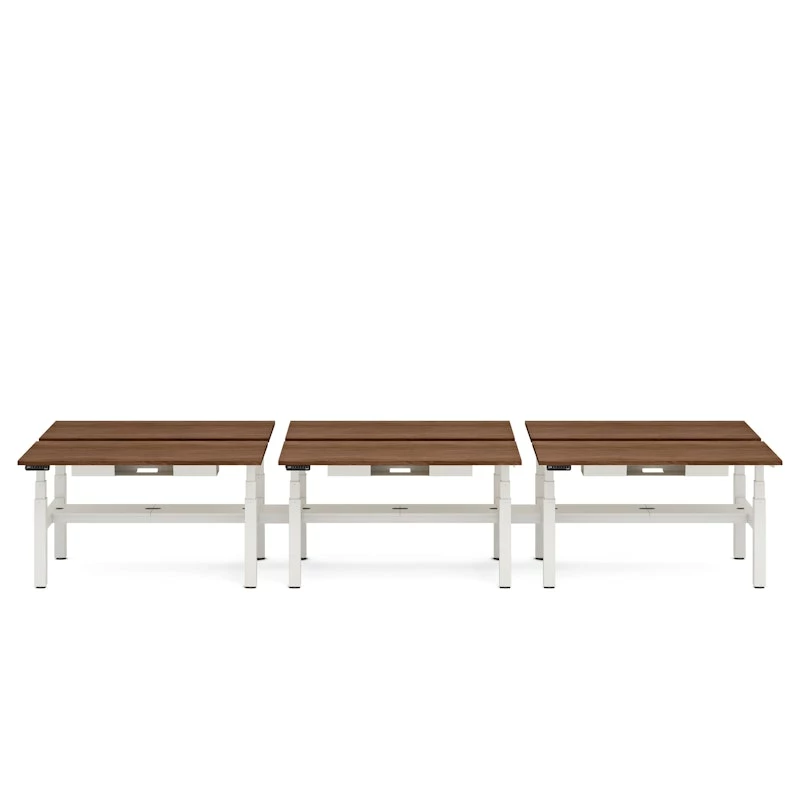 Series L Adjustable Height Double Desk For 6, Walnut, 57", White Legs