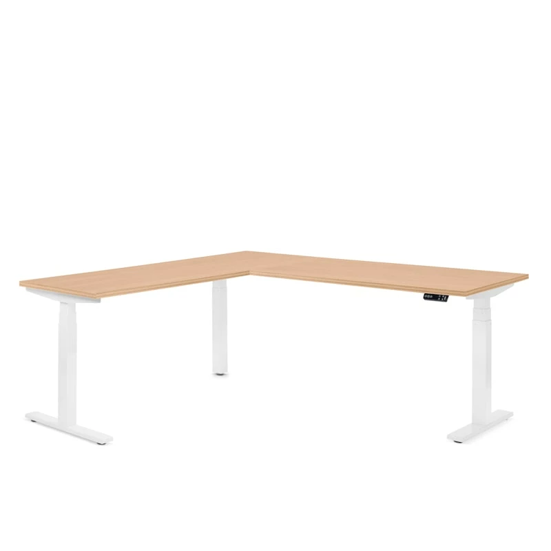 Series L Adjustable Height Corner Desk, Natural Oak With White Base, Left Handed