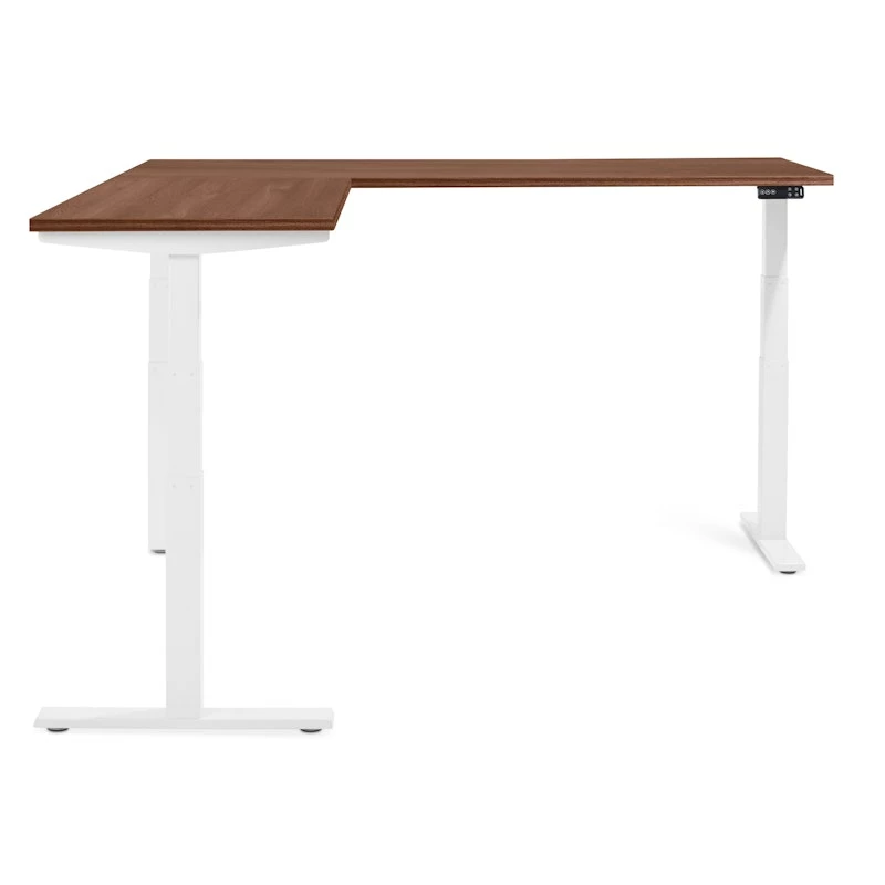 Series L Adjustable Height Corner Desk, Walnut With White Base, Left Handed