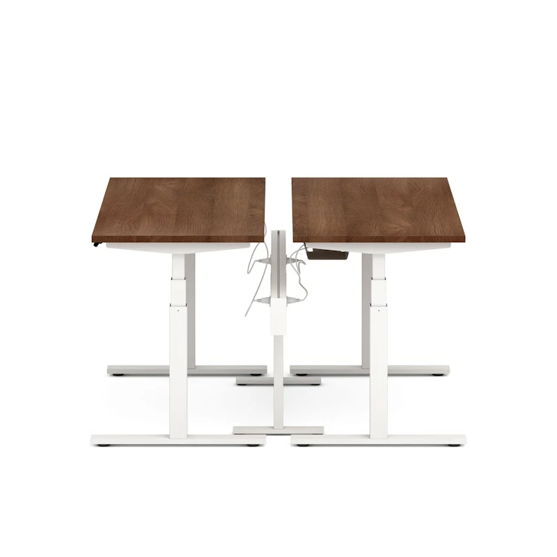 Series L Desk For 2 + Boom Power Rail, Walnut, 57", White Legs